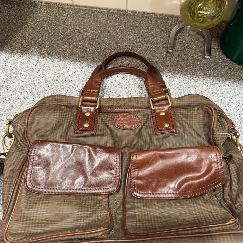 Vintage Rare Green Plaid Pattern Leather Fossil Messenger Bag